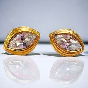 Vtg Signed Monet Earrings Post Faceted Crystal Rhinestone .75" Gold Tone Pierced